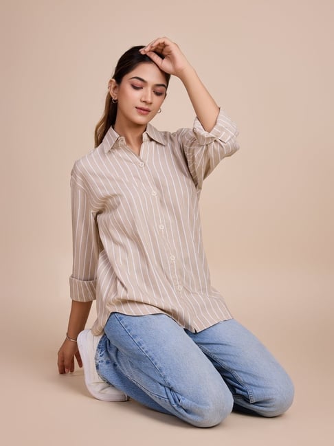House of Mira Brown Cotton Blend Stripes Shirt