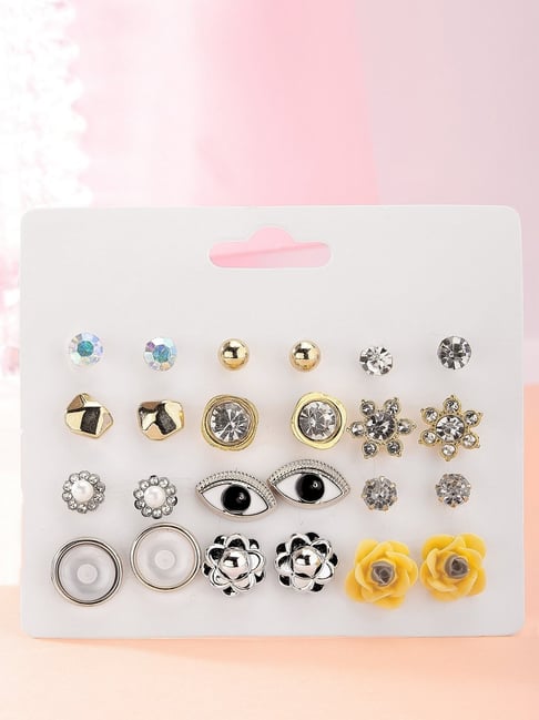 Karatcart Set Of 12 Gold And Silver Contemporary Studs Earrings