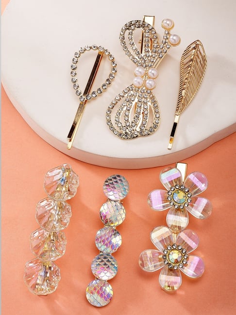 Karatcart Gold Plated Embellished Alligator Hair Clips For Women Set of 6