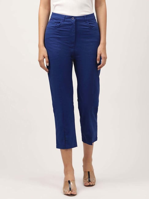 Elle Blue Cotton Plain Cropped Pants-picture-20