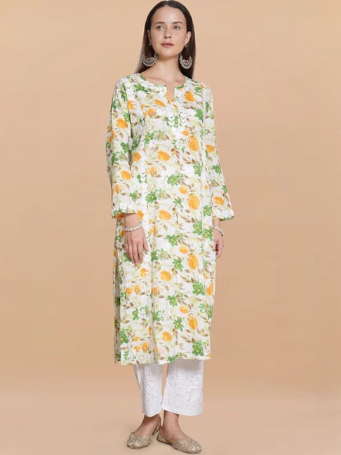 House of Kari Green Saba Chikankari Kurta in Mul cotton in Floral-picture-10