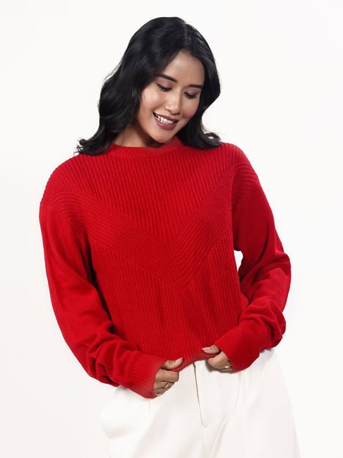 Wool Womens Red Tunic Sweater Zink London Red Solid Sweater