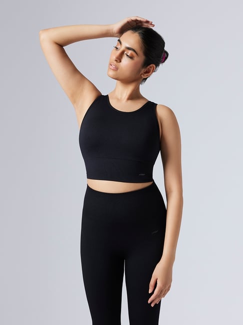 Feier Onyx Black Solid Flexrib Low-Back Cropped Tank