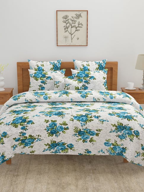 Swayam Blue Cotton Floral Double Bed Sheets Pillow Covers
