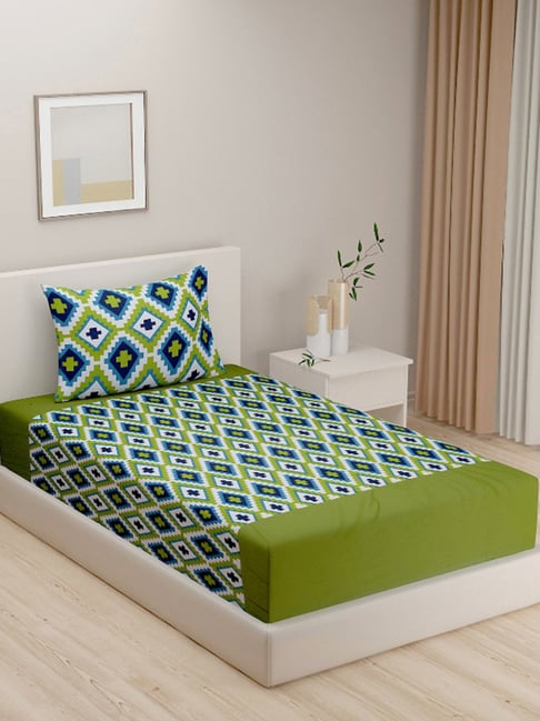 Swayam Green Cotton Geometric Single Bed Sheets Pillow Cover