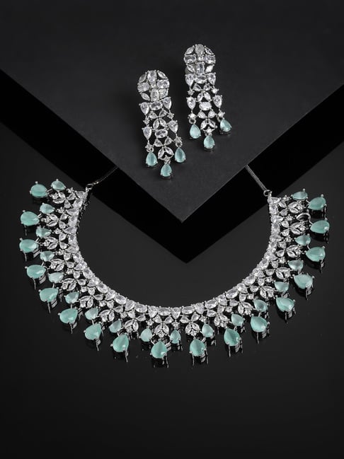 Panash Rhodium Plated White and Sea Green AD Studded Handcrafted Jewellery Set-image-13