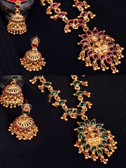 Buy Panash Gold Plated Green Ruby Stone Temple Jewellery Set