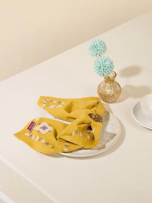 Fabindia Home Ahava Ochre Cotton 116 TC Embroidered Napkins - Set of 6-image-38