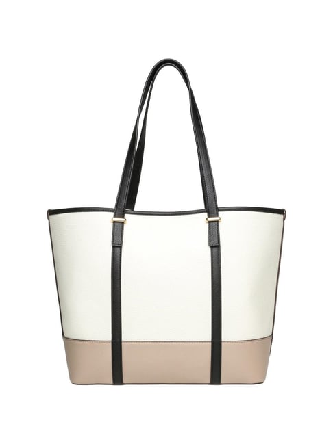 Anne Klein White & Beige Color Block Tote Handbag with Pouch