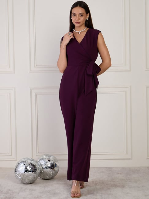 Formal Purple Jumpsuit Women Long Sleeves Front Pleating Detail