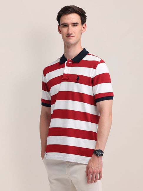 Red Cotton Slim Fit Striped Polo T-Shirt
