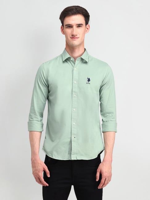 U.S. Polo Assn. Denim Co. Light Green Cotton Slim Fit Shirt