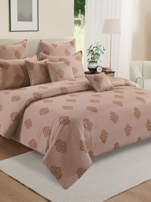 Swayam Brown Cotton Motif Double Bed Sheets Pillow Covers