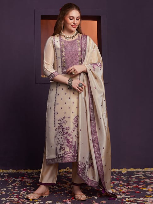 Heeposh White Viscose Comfort fit Embroidered Suit Sets