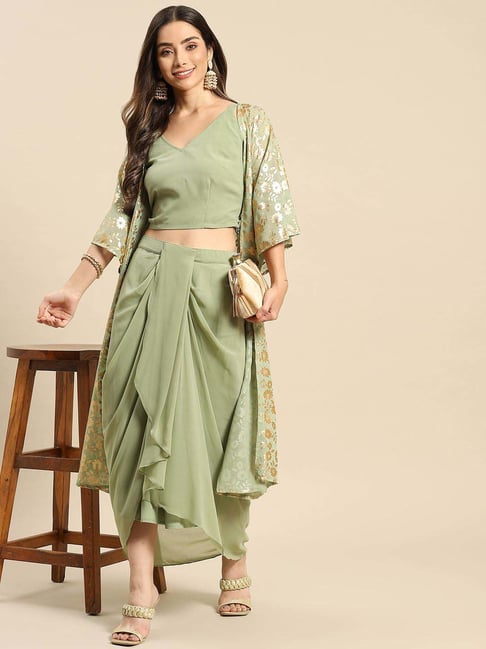Mabish Green Plain Crop Top Skirt Set With Shrug