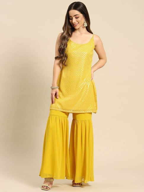 Mabish Yellow Woven Pattern Kurti Sharara Set