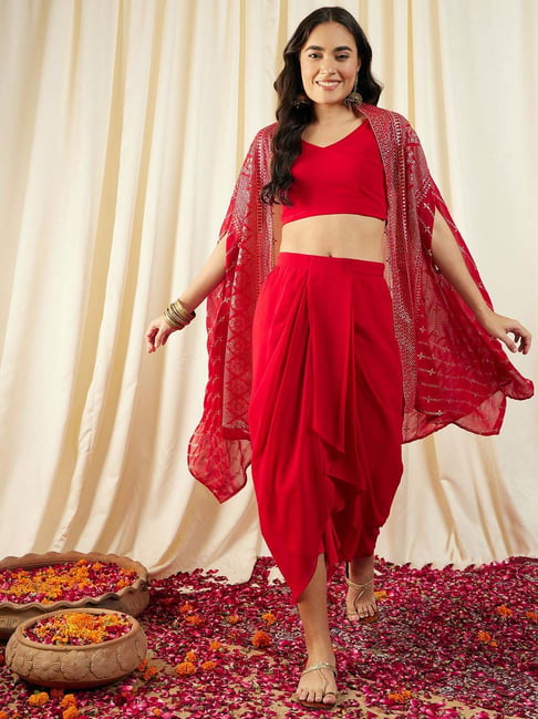 Mabish Red Plain Crop Top Skirt Set With Cape