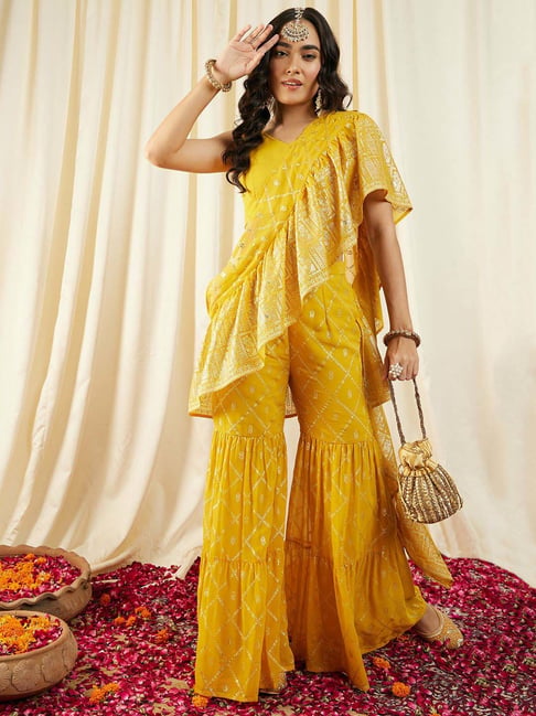 Mabish Yellow Printed Crop Top Sharara Set With Dupatta