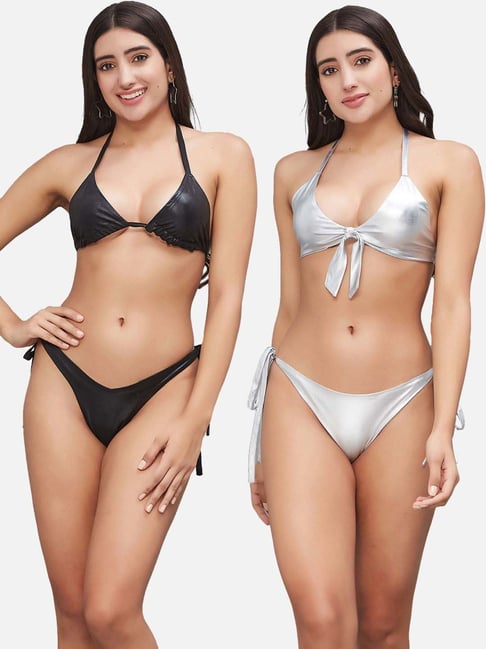 Secrets By ZeroKaata Black Sliver Plain Swimwear Bikini Pack Of