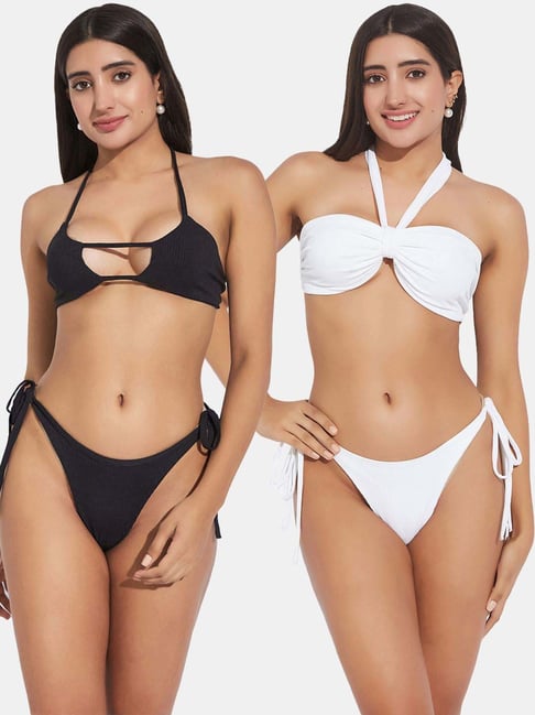 Secrets By ZeroKaata Black White Plain Swimwear Bikini Pack Of