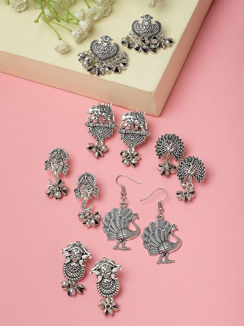 Panash Set Of 6 Silver Plated Oxidized Drop Earrings-picture-21