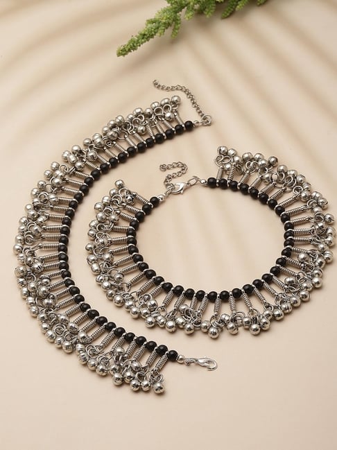 Buy Panash Silver Plated Beaded Anklets Set of Online At Best