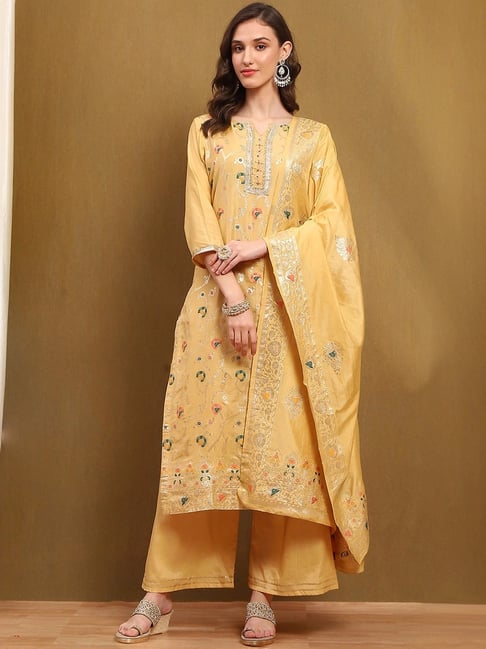 Biba Suits Biba Gold Dress Biba Beige Woven Pattern Unstitched