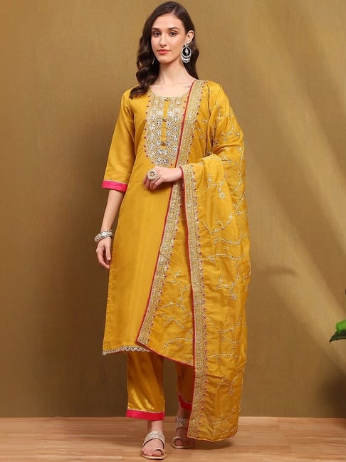 Biba Yellow Embroidered Unstitched Suit Set