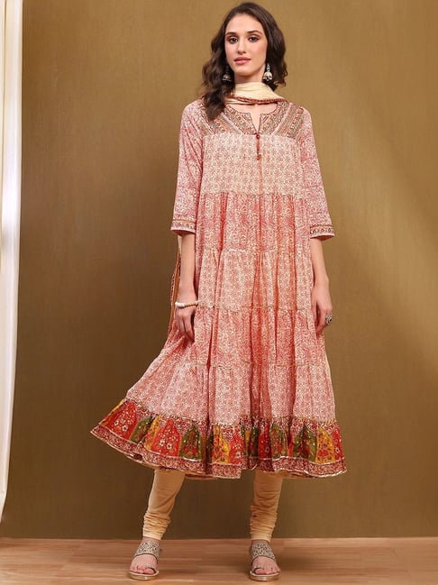 Biba Ecru Cotton Printed Kurta Bottom Dupatta Set