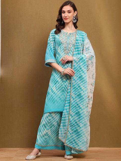 Biba Blue Embroidered Kurta Bottom Dupatta Set