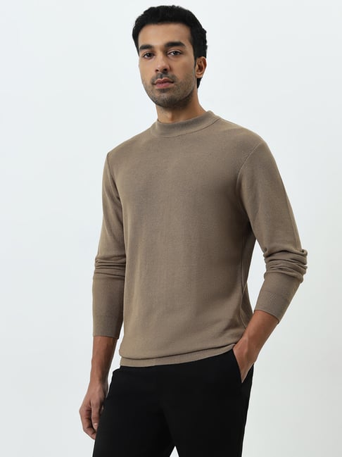WES Formals by Westside Dark Beige Knitted Slim-Fit Sweater