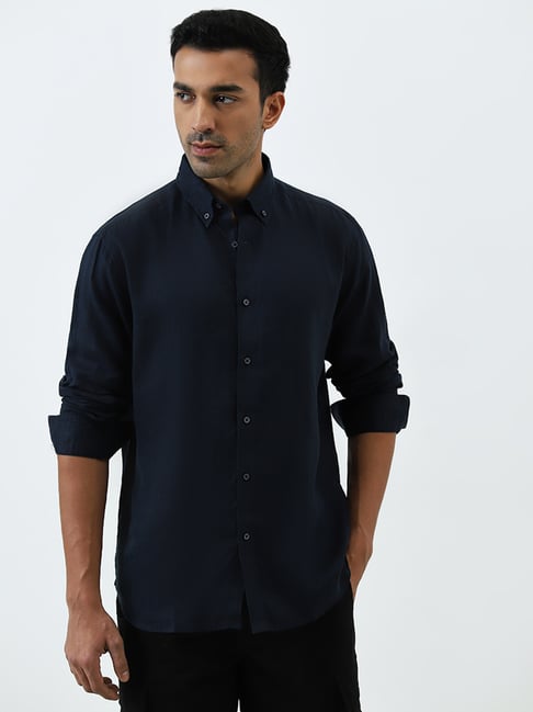 Ascot by Westside Navy Solid Relaxed-Fit Linen Shirt