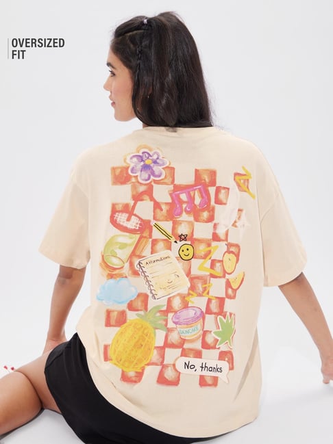 The Souled Store Off White Loose Print T-Shirt