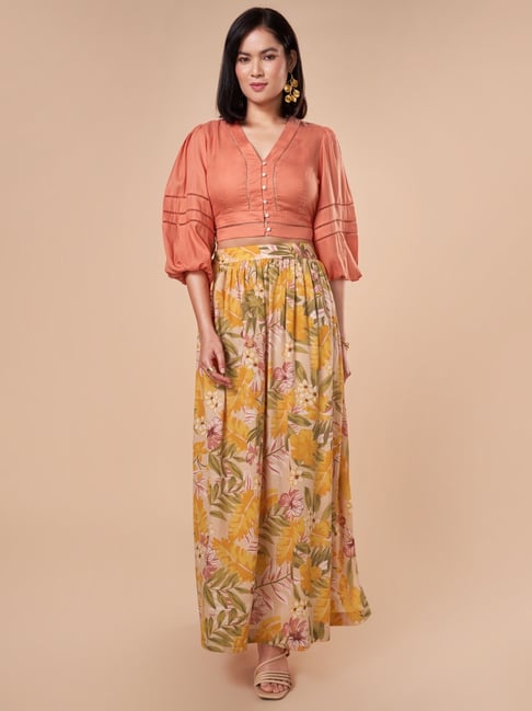 Marigold Lane Coral Lyocell Printed 3/4th sleeve Suit Sets