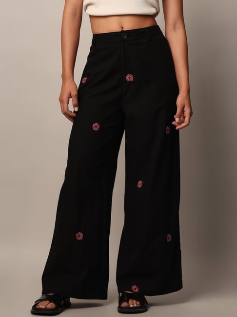 Only Black Cotton Embroidered High Rise Pants-picture-23