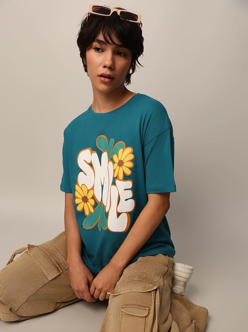 Only Teal Cotton Graphic Print T-Shirt-picture-36
