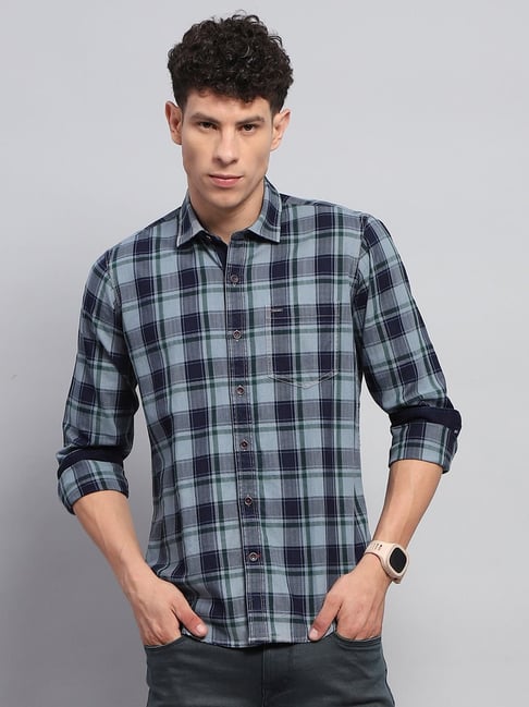 Monte Carlo Blue Cotton Slim Fit Checks Shirt