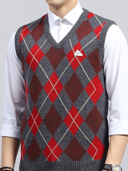 Monte Carlo Grey Red Regular Fit Argyle Sweater