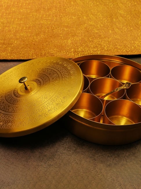 Ambi Finely Etched Gold Brass Spice Chest Masala Containers - Set of 7-picture-31
