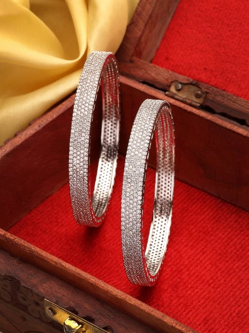 NVR Silver Plated White American Diamond Studded Bangles Set of 2-picture-37