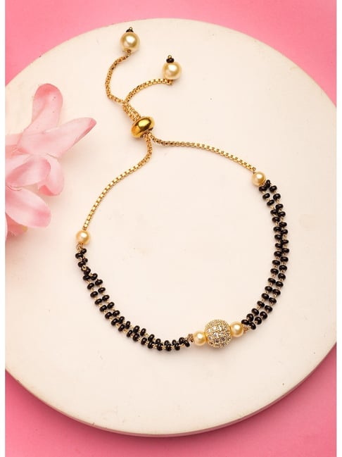 NVR Gold Plated Black Brass AD Studded Hand Mangalsutra Bracelet