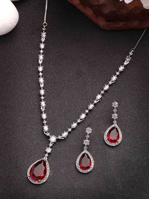 NVR Silver Plated Red American Diamond Studded Handcrafted Jewellery Set