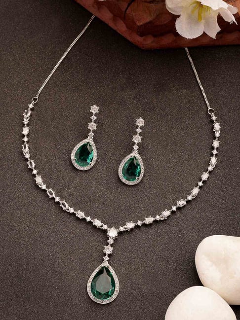 NVR Silver Plated Green American Diamond Studded Handcrafted Jewellery Set