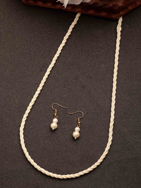 Buy NVR White Pearl Gold Plated Long Necklace Earrings Set