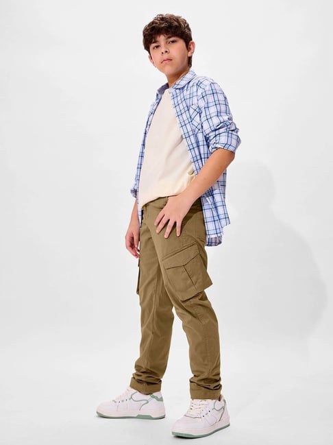 The Souled Store Boys Dark Beige Cotton Solid Cargo Pants