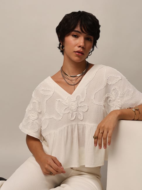 Only White Cotton Self Design Top