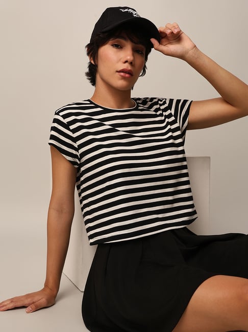 Only White & Black Cotton Striped T-Shirt