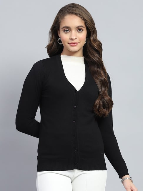 Monte Carlo Black Wool Blend Solid Full Sleeve Cardigan