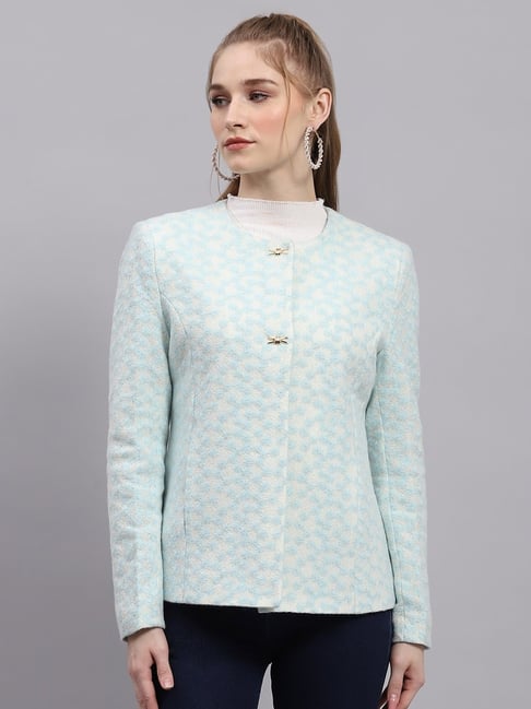 Monte Carlo Blue Wool Blend Embroidered Full Sleeve Coat