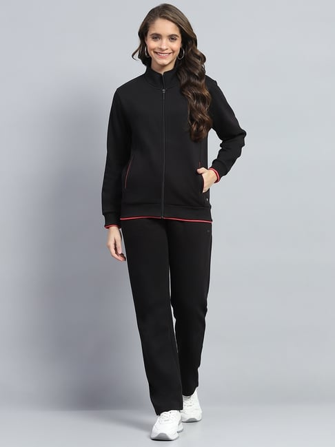 Monte Carlo Black Cotton Blend Solid Full Sleeve Tracksuit